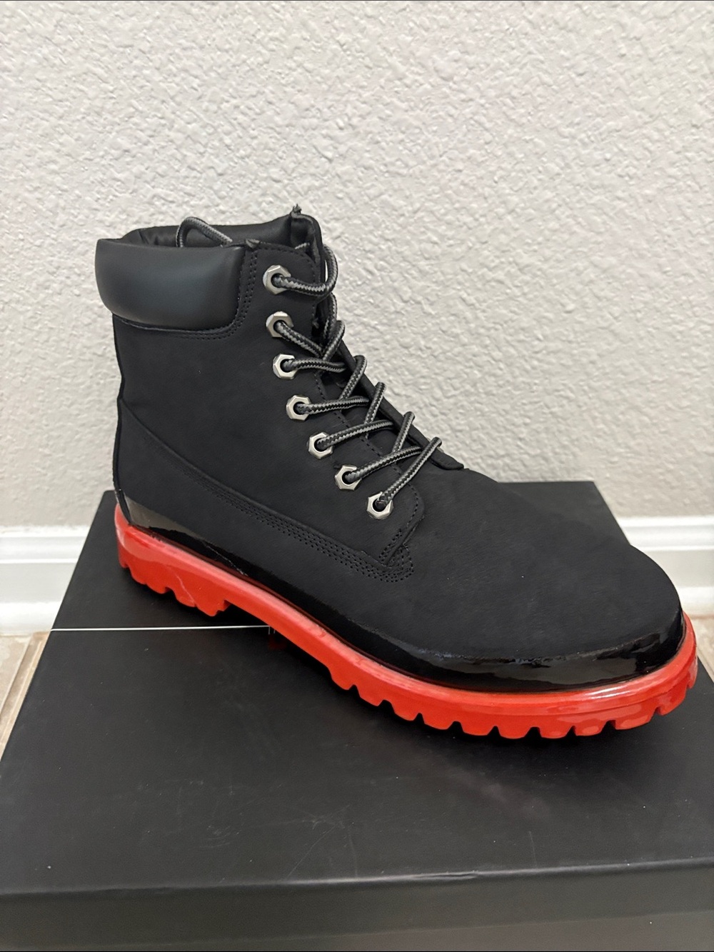 Lace-Up Boots with Red Lug Sole